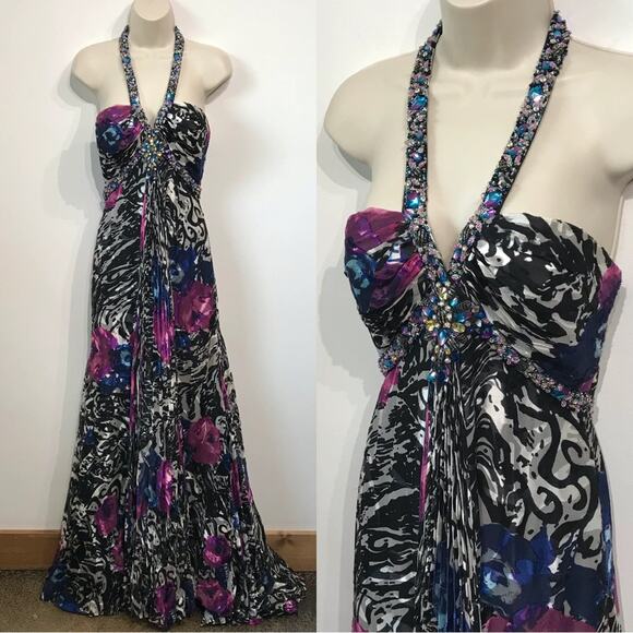 Vintage Tony B Crystal Embroidered Slinky Halter Open Back Gown Formal Dress 4 - Picture 1 of 16